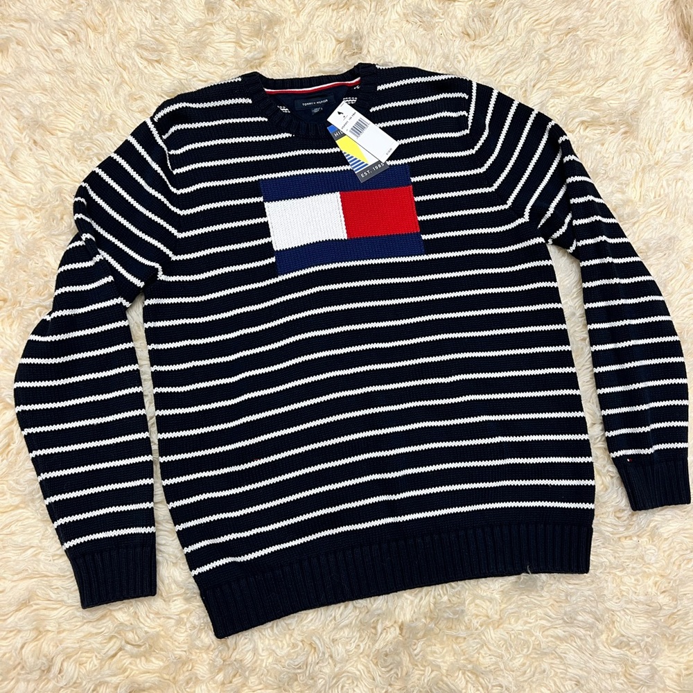Tommy Hilfiger Black and White Striped Sweater
